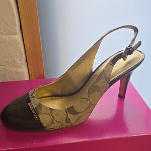 Coach Brown Signature Canvas Slingback Pump with Black Patent Cap